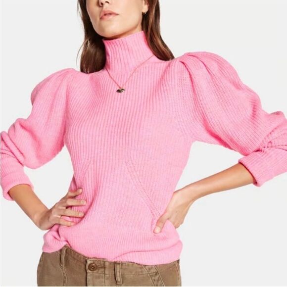 Frame Denim Wool and Cashmere Puff Sleeve Luxury Sweater in Spanish Pink - Picture 1 of 15